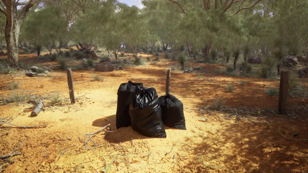 Discarded waste sits amidst a tranquil outback landscape under the sun
