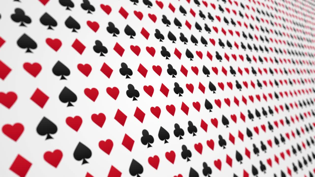 Playing card suits hearts diamonds clubs spades pattern animated background close up