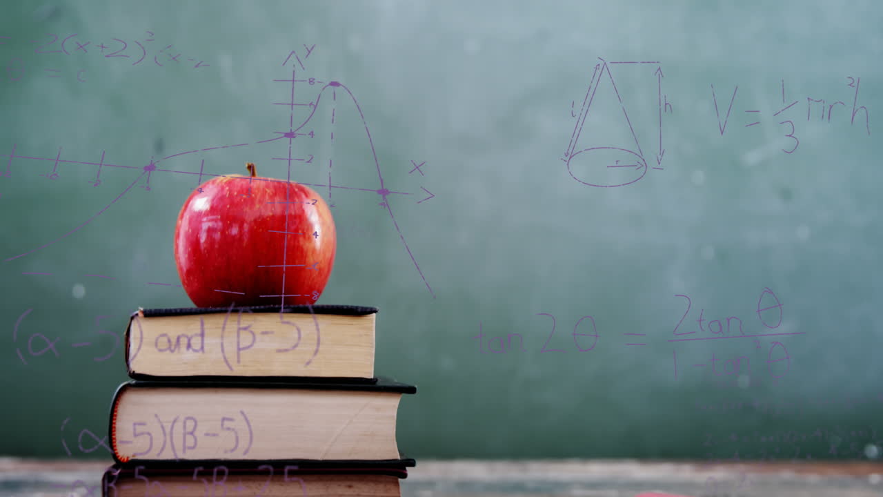 Animation of stack of books and apple over mathematical equations and formulae
