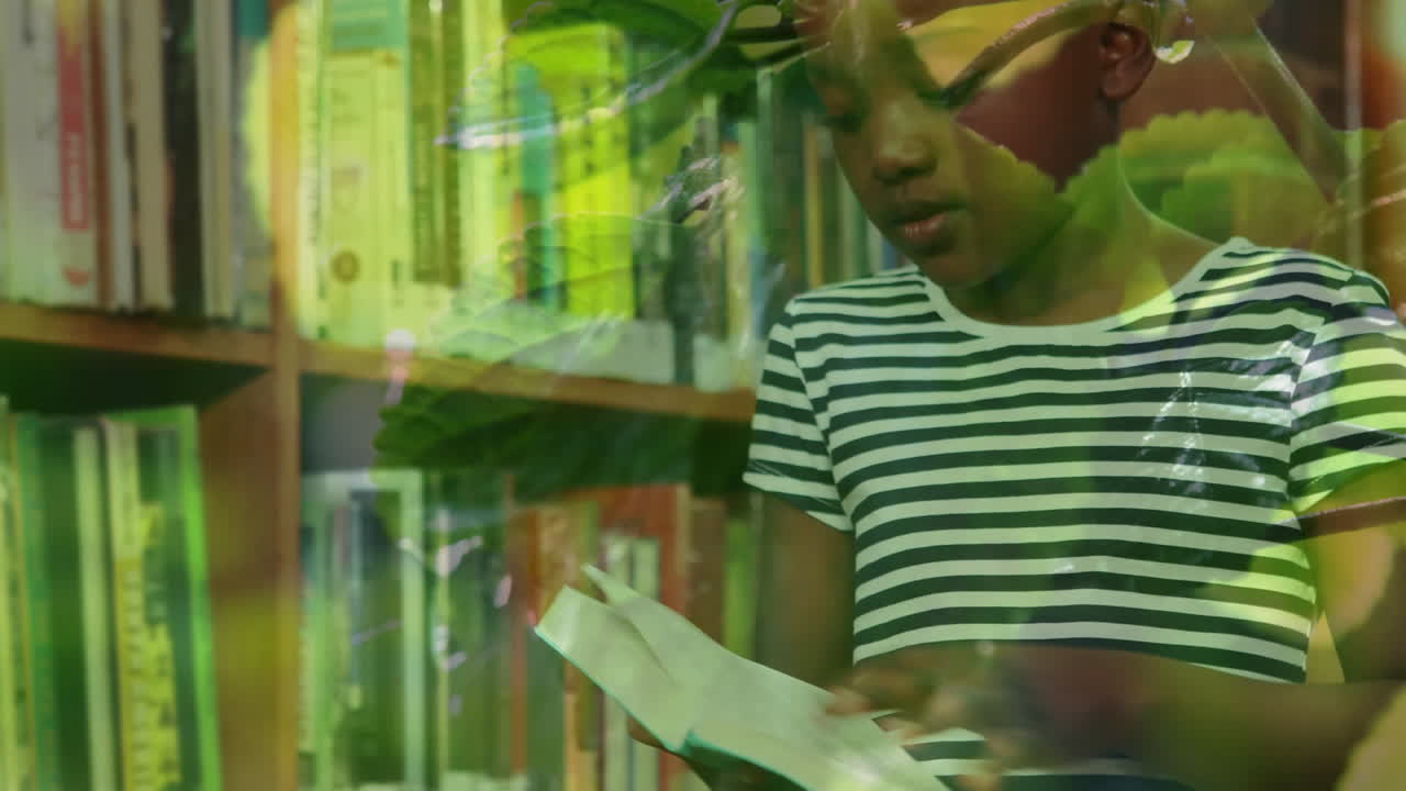 animación de hojas sobre el libro de lectura de una estudiante afroamericana.