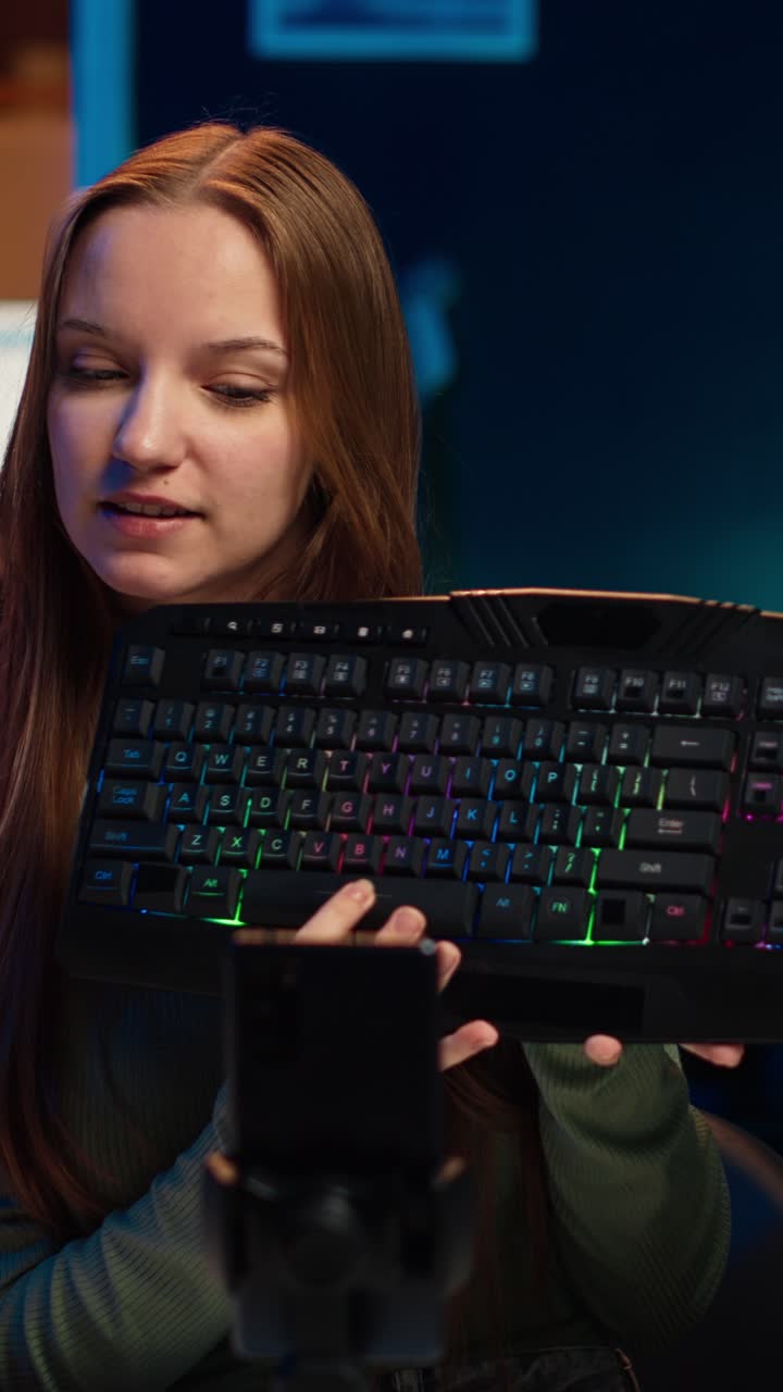 Giovane vlogger recensisce tastiera e mouse da gaming per il pubblico online