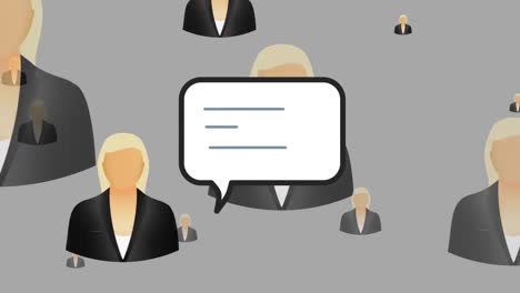 Animation-of-speech-bubbles-over-businesswoman-icon-on-grey-background