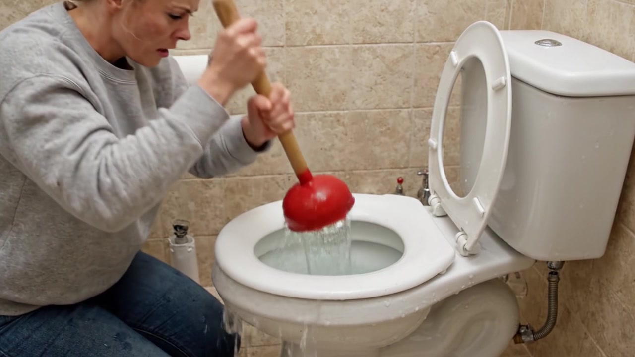 Struggling with a Toilet Clog: A Determined Homeowner Uses a Plunger to Clear a Blockage in Her Bathroom Toilet for Efficient Drainage