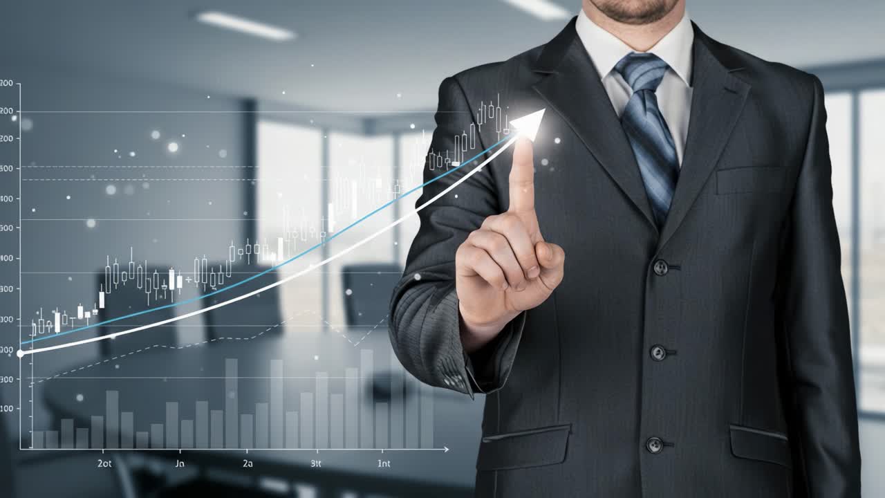 A Professional Businessman Analyzing Growth Charts with Advanced Technology, Signifying Trends and Future Opportunities in a Modern Office Environment