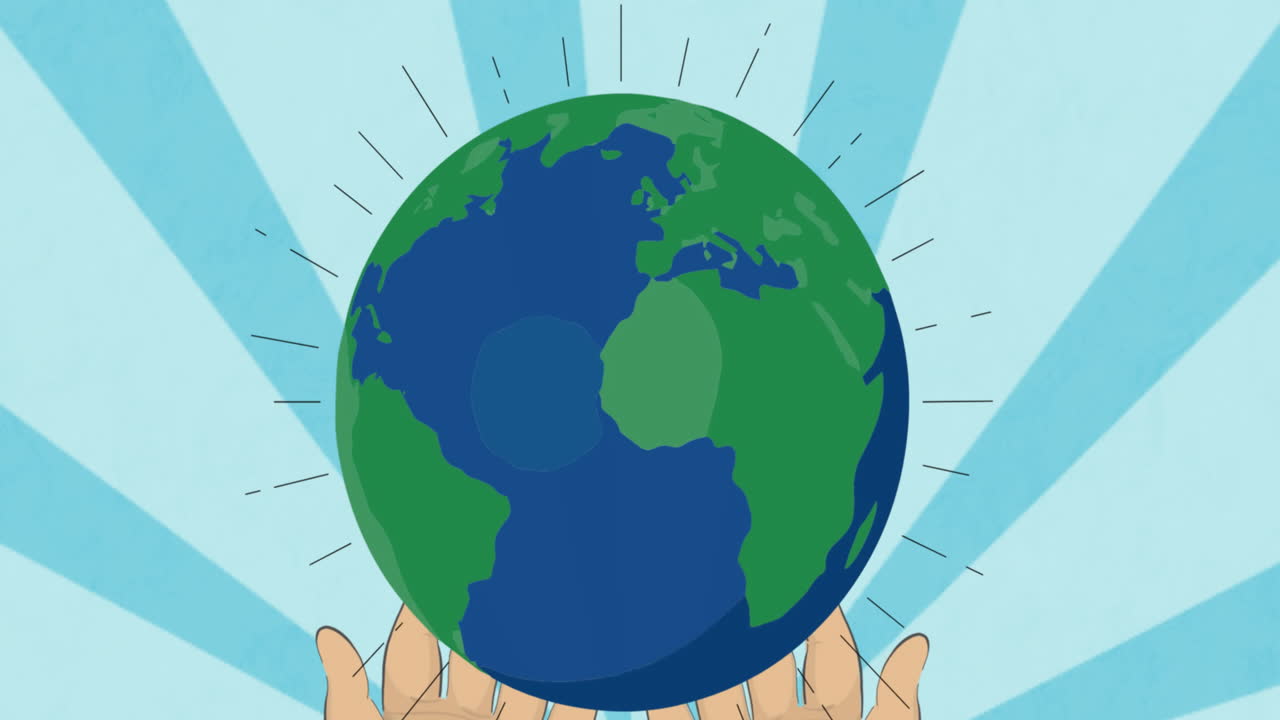 animación de manos sosteniendo el globo en un fondo azul en movimiento