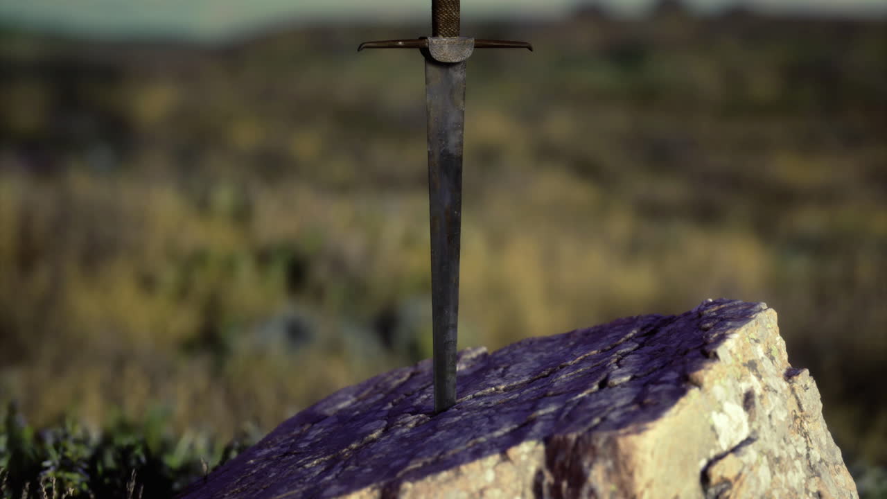 Sword embedded in a rock among natural greenery at dusk