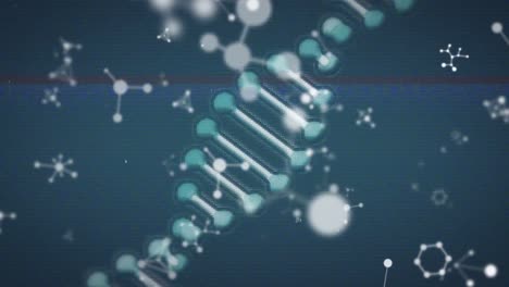 Dna-structure-spinning-and-molecular-structures-floating-against-blue-background