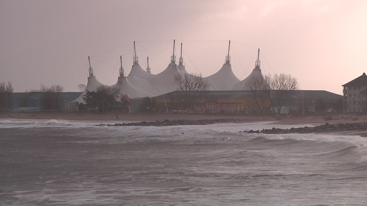 Butlins Holiday Camp with stormy sea during Storm Franklin. Bristol Channel. Minehead. Somerset. UK 20th February 2022.