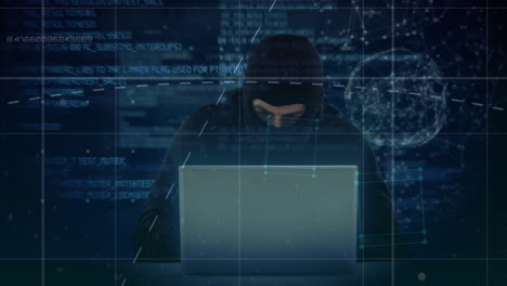 animación del procesamiento de datos e información sobre un hacker enmascarado usando una computadora portátil sobre un fondo oscuro