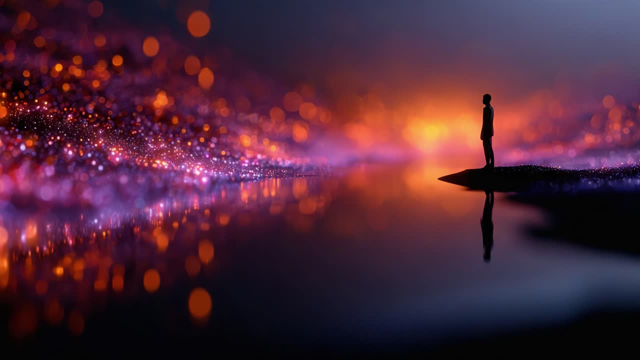 A solitary figure stands at the edge of a shimmering landscape, reflecting a mesmerizing blend of vibrant colors on still water, evoking a sense of wonder and contemplation