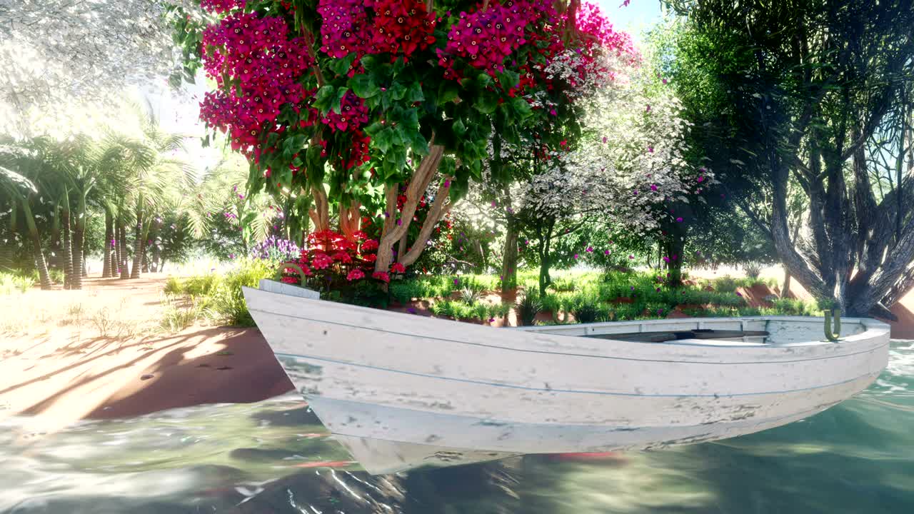 아름다운 나무와 꽃을 가진 아름다운 섬, 평온한 바다에서 오래된 시 배.