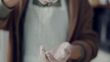 flour, kitchen and hands baking with dough press