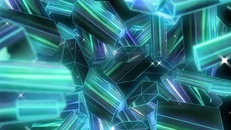 Animation-of-glowing-3d-turquoise-blocks-of-shiny-metal-turning