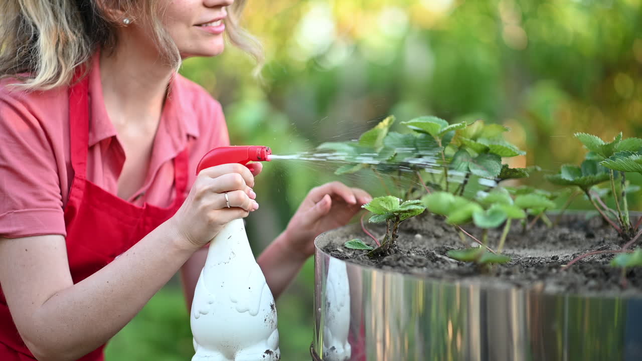 Female gardener using a spray bottle to water or treat strawberry plants in a bright green garden