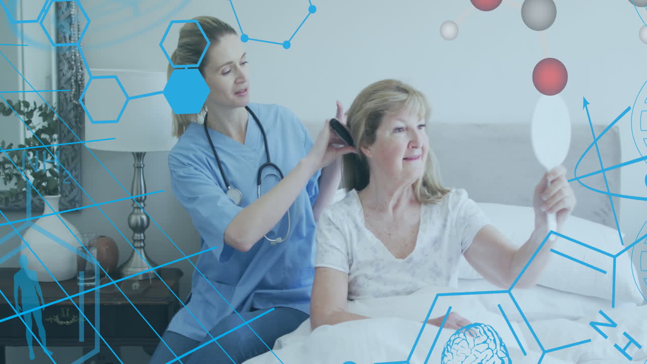 анимация медицинских икон и молекул над пожилой белой женщиной и медсестрой