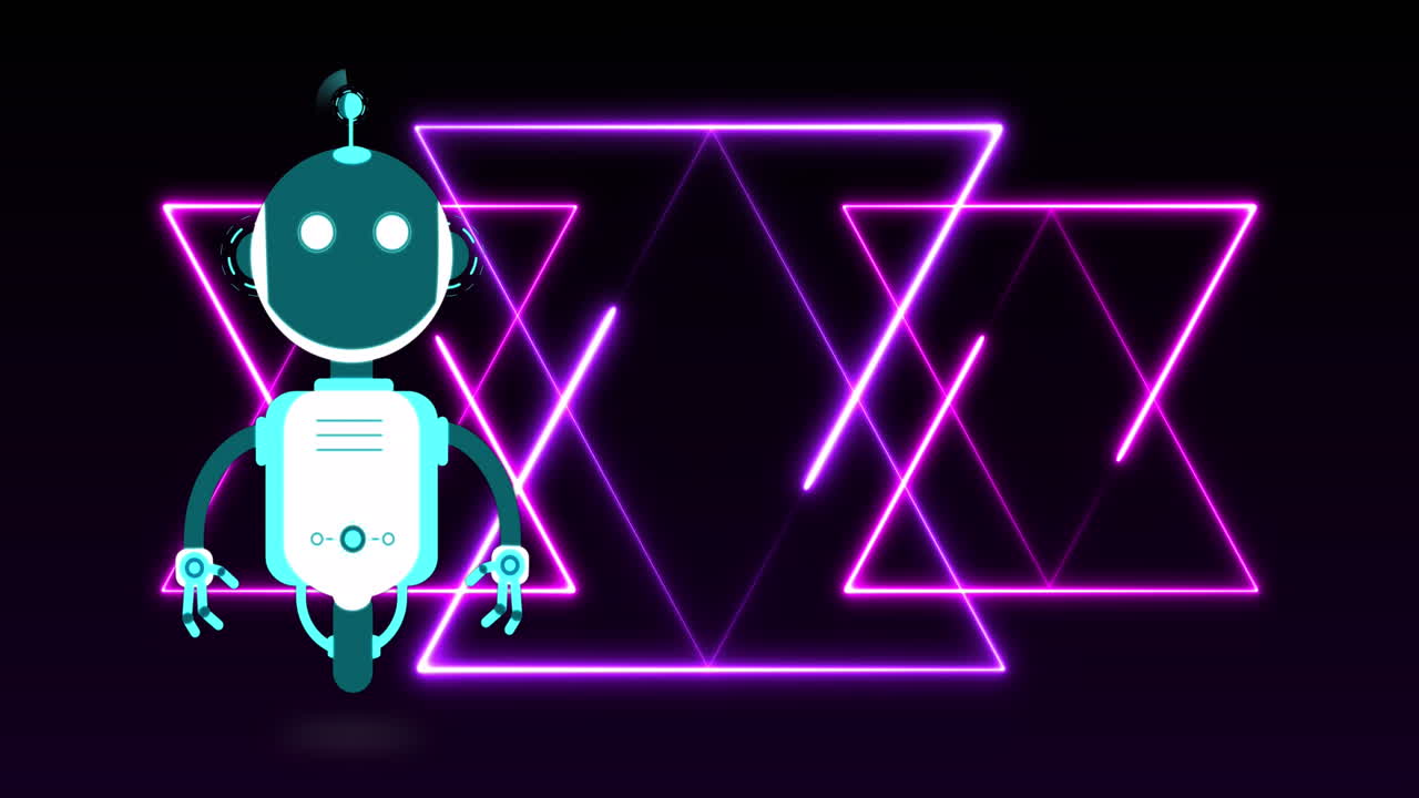 Animation of ai chat bot over colourful purple neon lines on black background