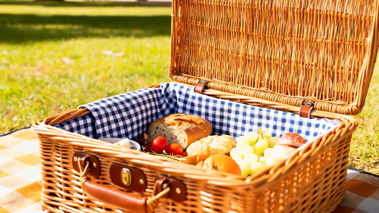 La camera si avvicina, focalizzandosi sul cestino sulla coperta nel parco, coperchio che si solleva, mostrando pane e uva