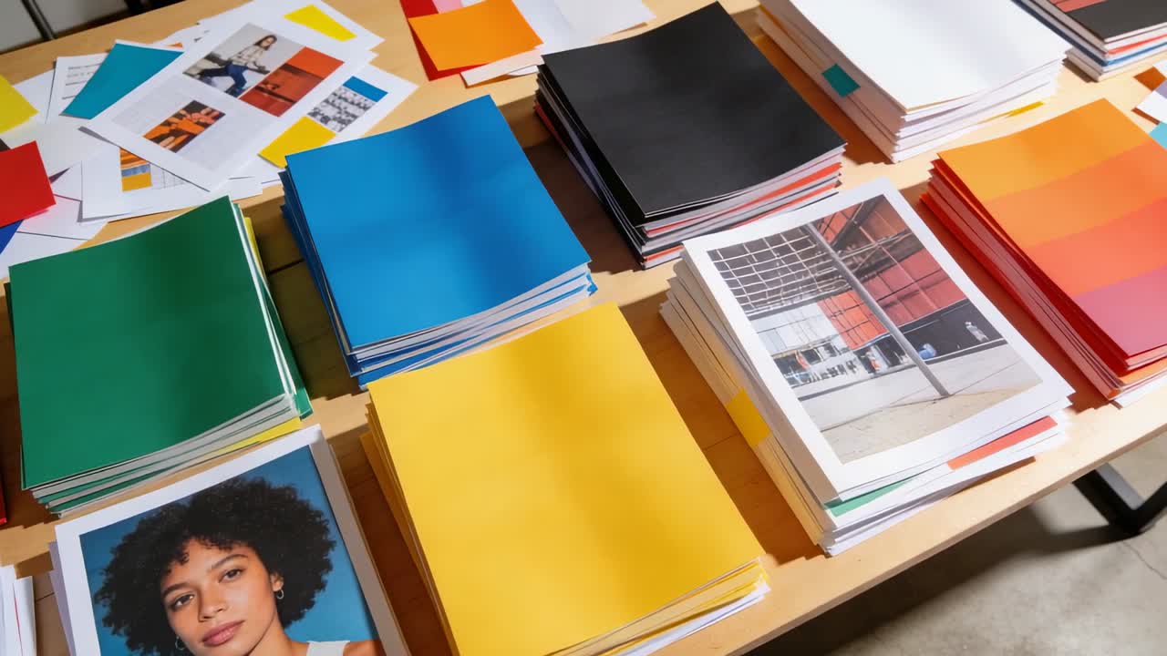 Panning camera revealing booklets and portrait on wooden table in print shop showing concrete floor