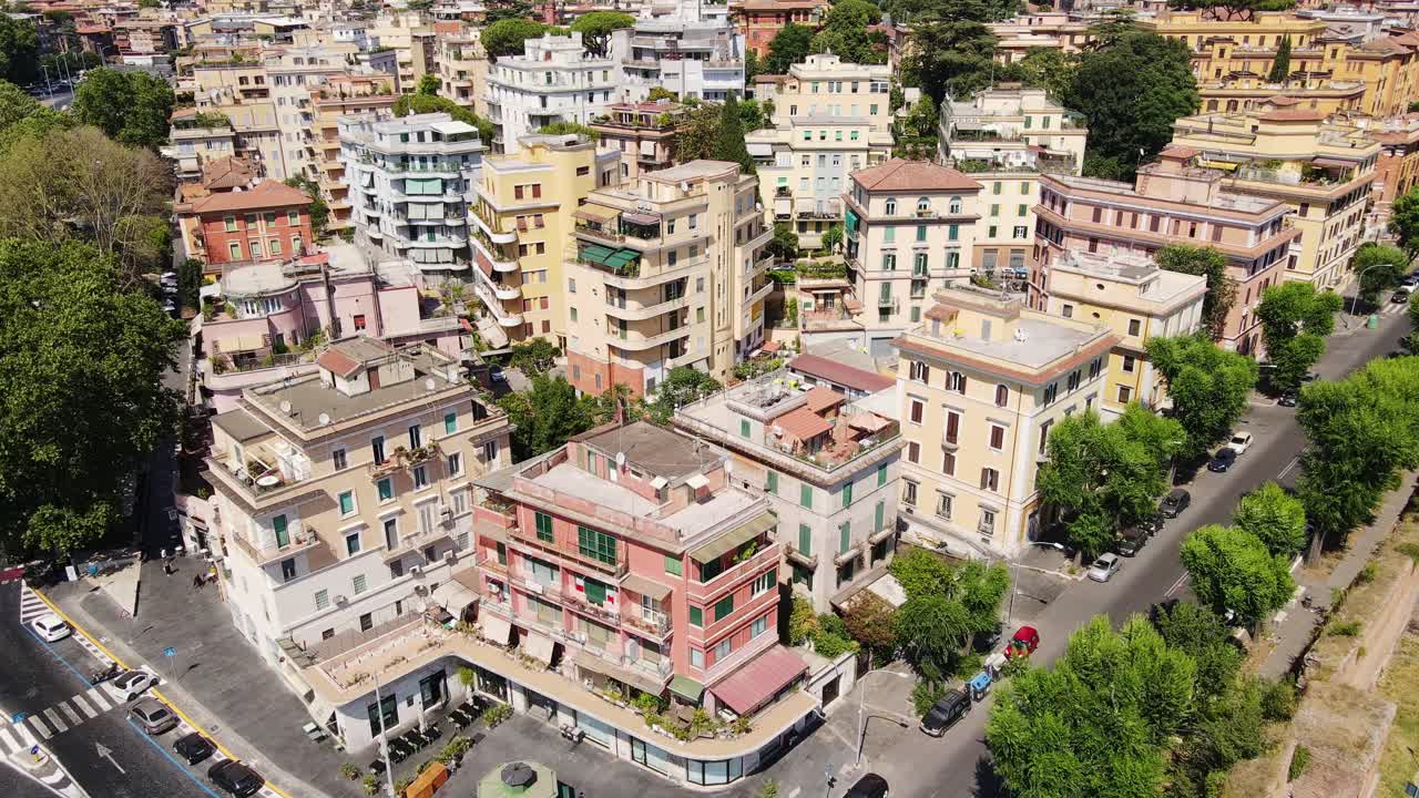 Roman neighborhood with vibrant Mediterranean-style architecture and greenery