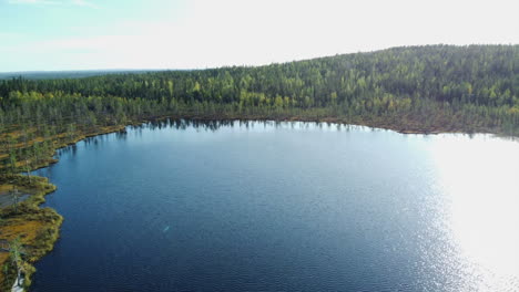 aerial descends to surface of large pond in autumn boreal forest