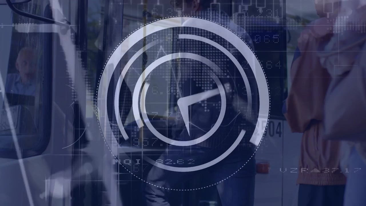 Commuters Boarding Public Bus with Digital Time Overlay