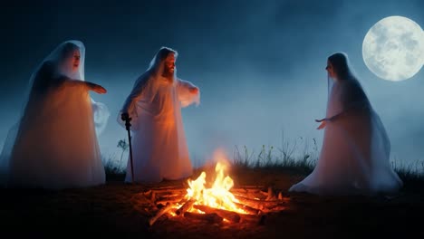 three ghosts standing around a campfire at night