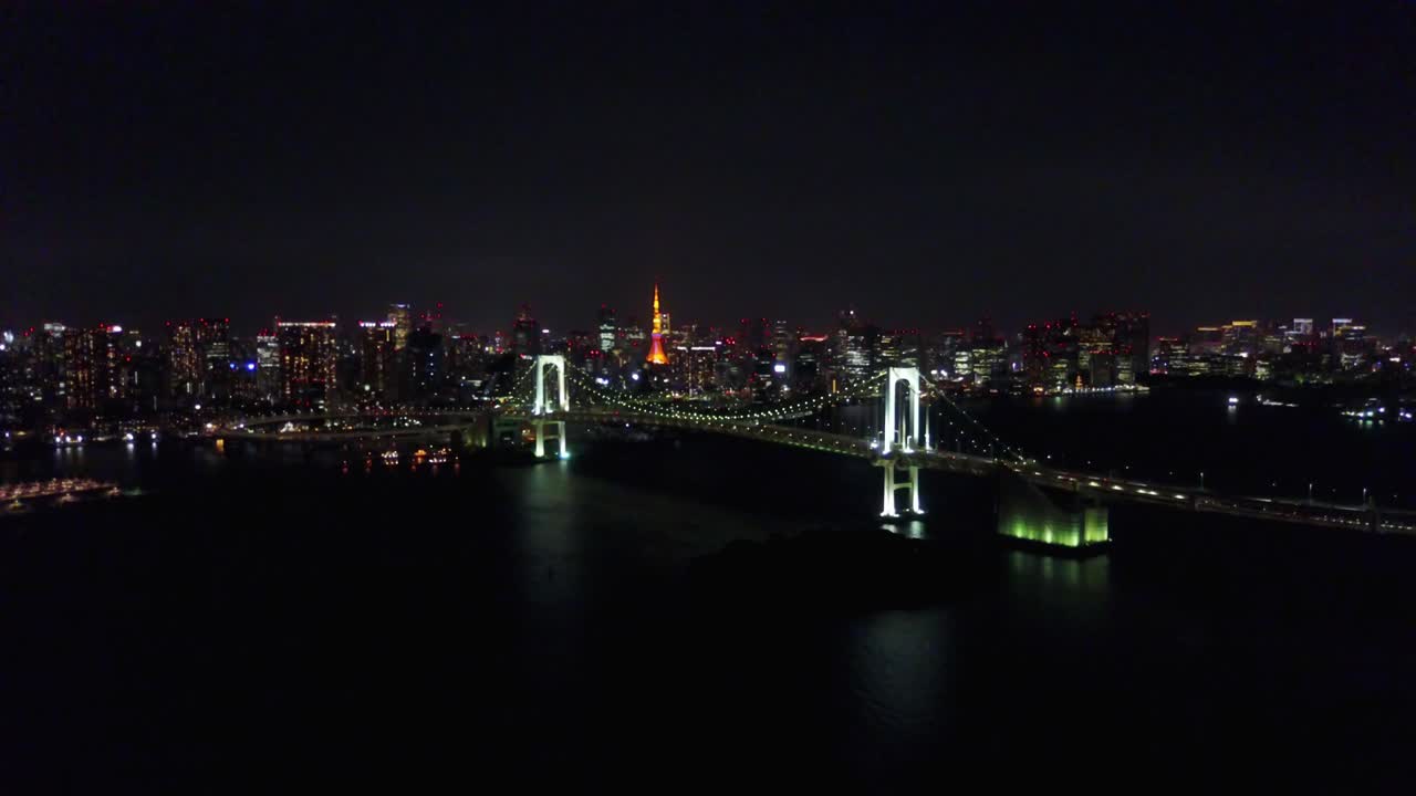 물 위에 밤 시간에 무지개 다리에 상승 조감도