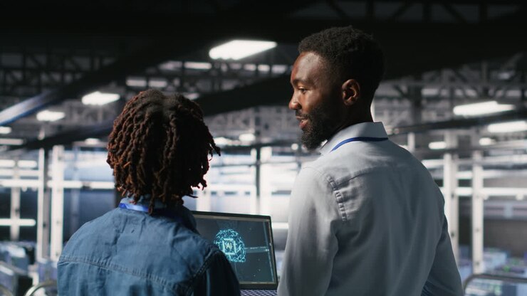 Team del data center su piattaforma industriale che utilizza l'intelligenza artificiale