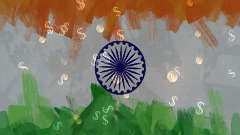 animación de la bandera de la india y los dólares estadounidenses cayendo