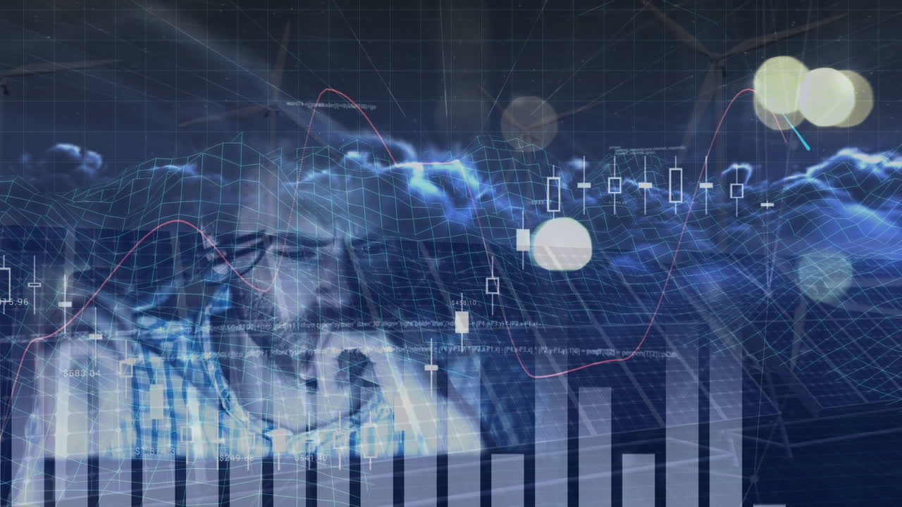 Animation of moving bar graph, data and clouds over tired caucasian businessman working on computer