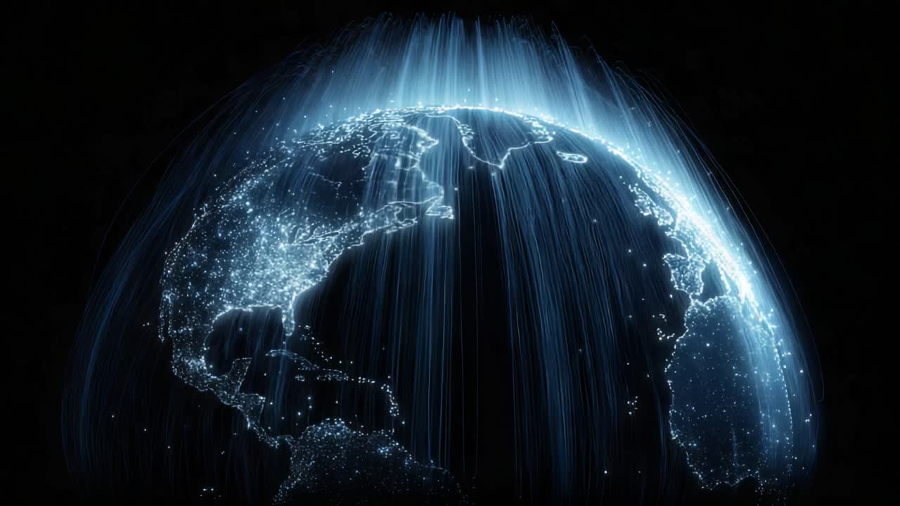 Futuristic world map showing North and South America with glowing city lights and bright blue lines representing global data transmission, internet connection, and the flow of information