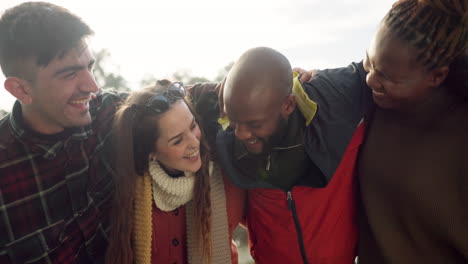 group, couple of friends and laughing outdoor