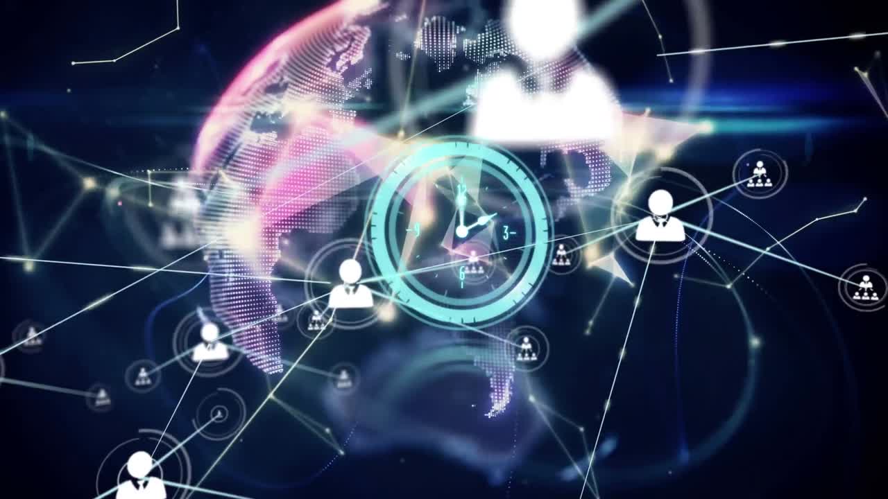 회전하는 지구 위로 이동하는 연결과 시계의 애니메이션