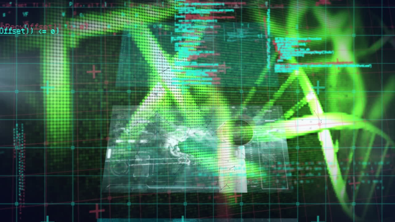 animación de diversos procesamientos de datos y adn en fondo negro