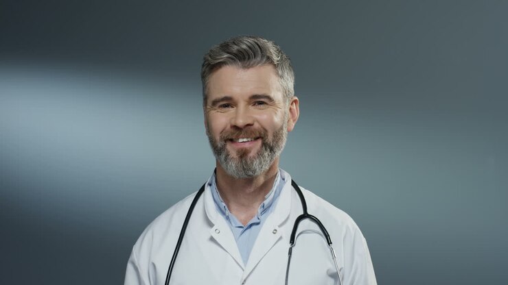 Portrait Shot Of The Handsome Gray Haired Male Doctor In The White Gown And With Stethoscope On His Neck Smiling Cheerfully To The Camera