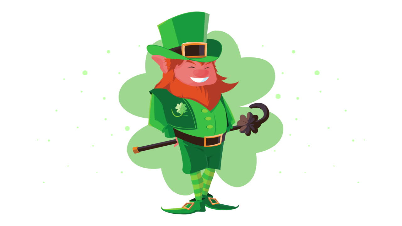 feliz día de san patricio animación con personaje duende levantando caña en el trébol
