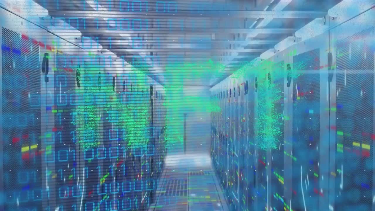 Animation of nft and binary code over server room