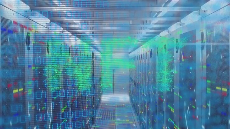 Animation of nft and binary code over server room