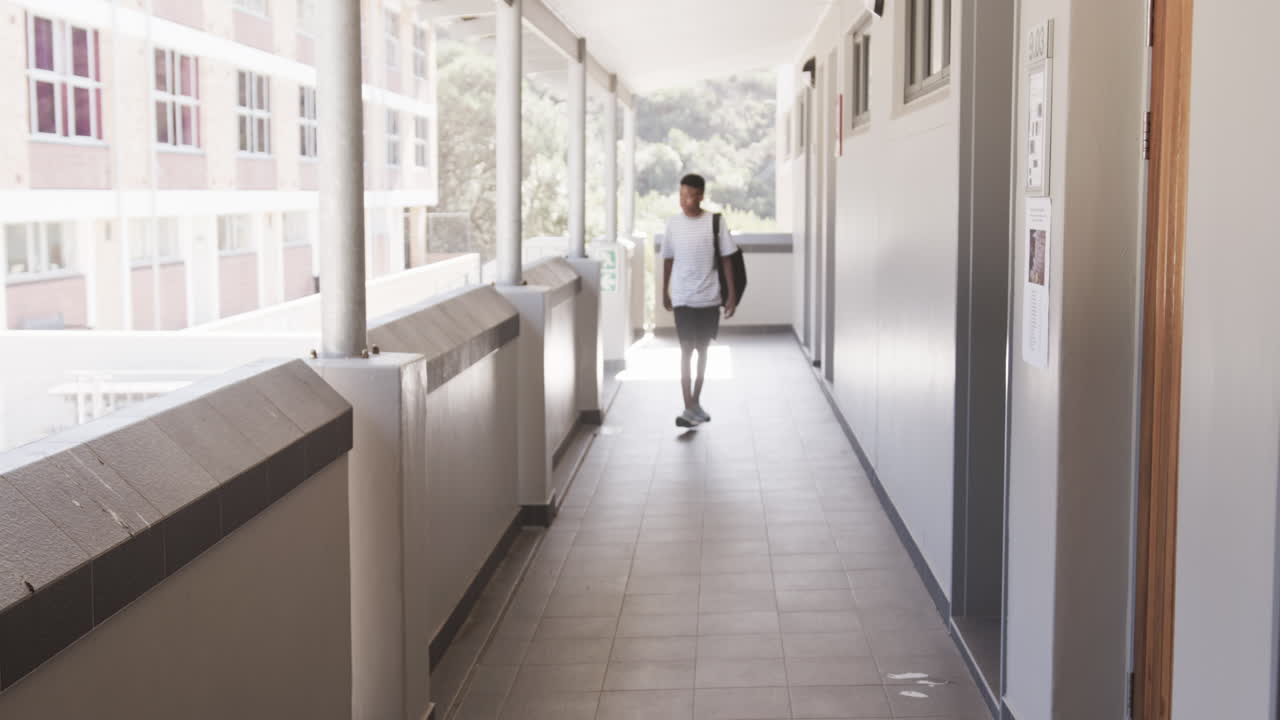 Walking down school hallway, student carrying backpack and looking down