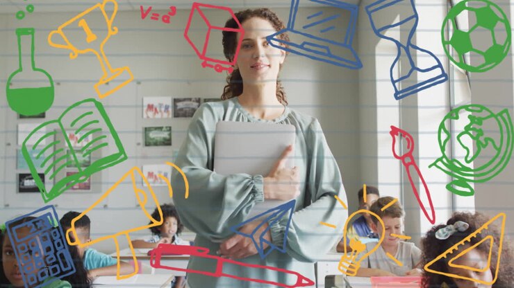 Animación de iconos de útiles escolares sobre maestra diversa con escolares en el aula