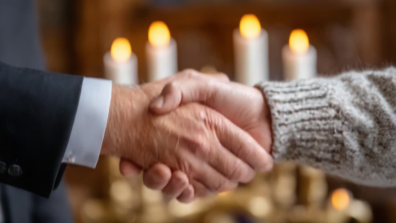 A Moment of Connection: Two Hands in a Firm Handshake Symbolizing Trust, Agreement, and Cooperation Against a Backdrop of Soft Candlelight