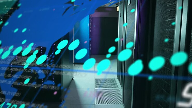 Animation of data processing over world map and computer servers
