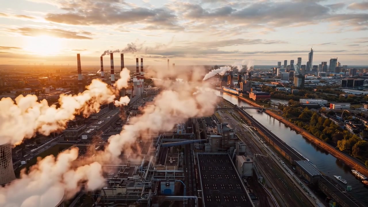 Aerial View of Industrial Power Plant Emitting Smoke at Sunset