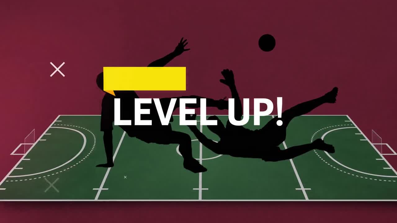 단어 레벨 업 및 노란색 바의 애니메이션 실루 ⁇  플레이어가 녹색 스포츠 피치에 떨어집니다