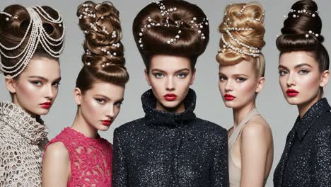 a stunning showcase of high fashion hairstyles featuring elegant updos, elaborate accessories, and glamorous makeup on diverse models with striking expressions