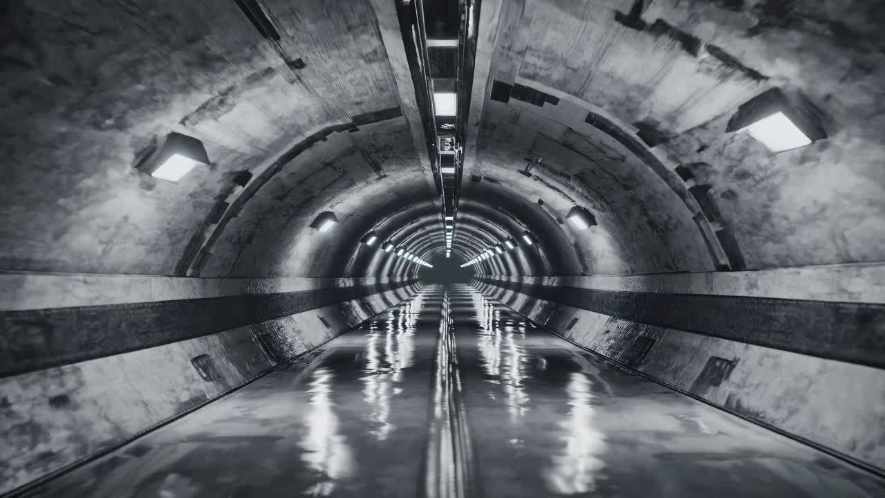 Futuristic tunnel with wet floors, captured from a low-angle, central perspective