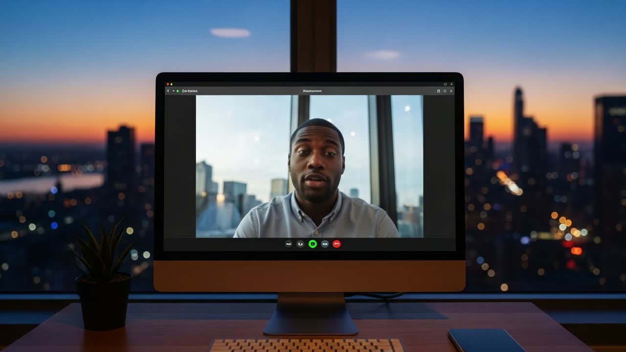 A Serene Evening Video Call in a Modern Workspace with a View of Urban Skyscrapers at Sunset, Capturing a Moment of Connection Amidst a Vibrant Cityscape in the Background