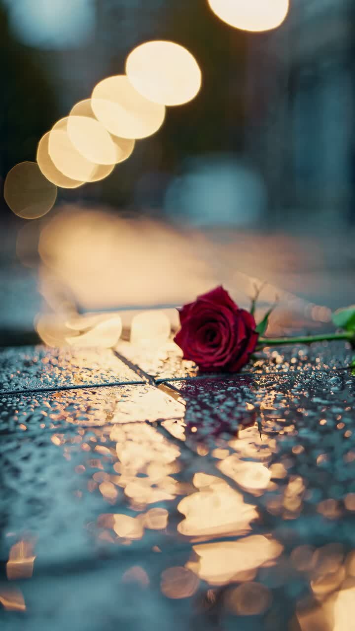 A close-up video shot of a red rose on wet pavement, with bokeh streetlights in the background