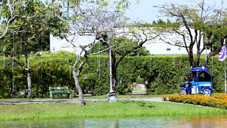 blue motor cart moves through scenic park