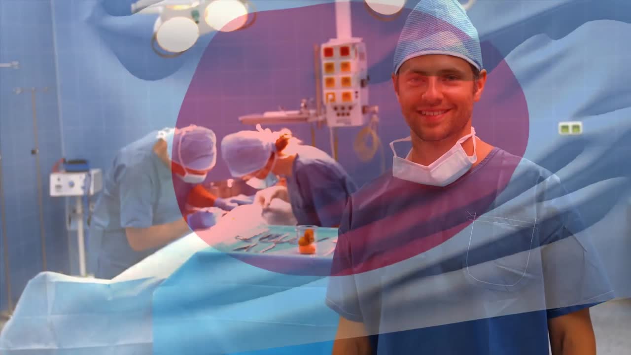 수술실 에서 외과의사 위 에 흔들리는 일본 국기 의 애니메이션